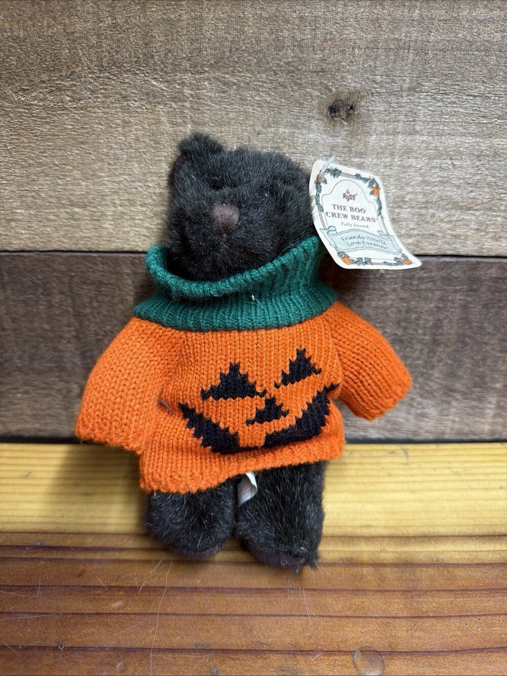 Russ Berrie Halloween Boo Crew Bear Jointed Plush Wearing Jack O Lantern Sweater